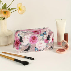 Floral Butterfly Square Makeup Bag PVC Waterproof Zipper Roomy Makeup Pouch