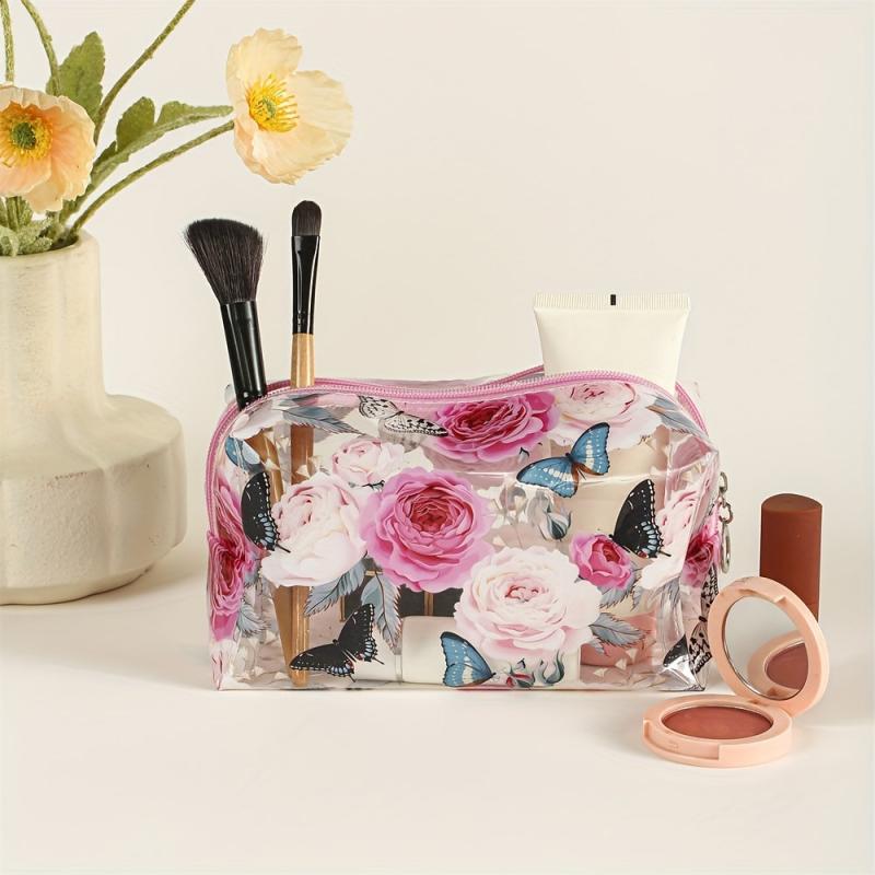 Floral Butterfly Square Makeup Bag PVC Waterproof Zipper Roomy Makeup Pouch