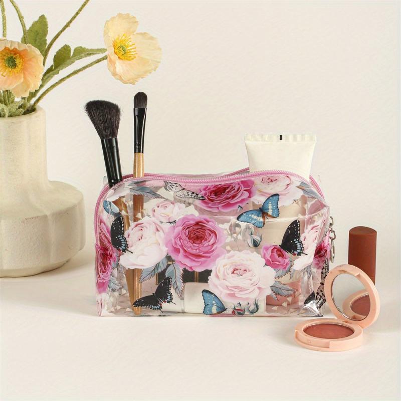 Floral Butterfly Square Makeup Bag PVC Waterproof Zipper Roomy Makeup Pouch