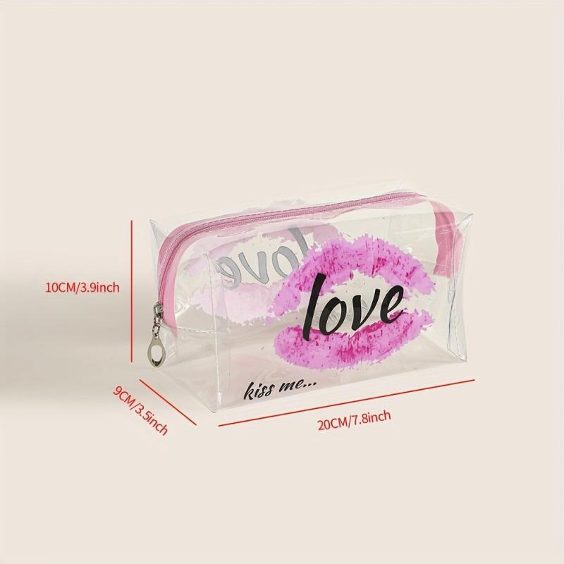 Lip & Letter Print Makeup Bag PVC Waterproof Zipper Roomy Makeup Pouch