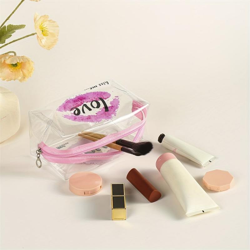 Lip & Letter Print Makeup Bag PVC Waterproof Zipper Roomy Makeup Pouch