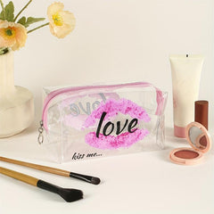 Lip & Letter Print Makeup Bag PVC Waterproof Zipper Roomy Makeup Pouch