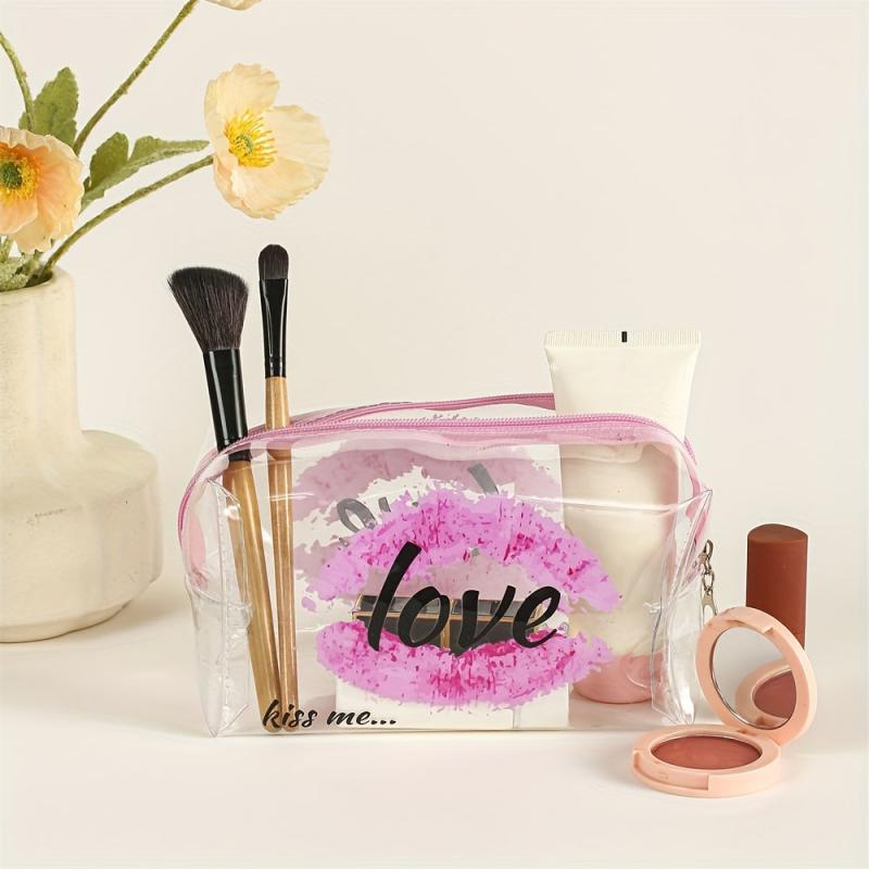 Lip & Letter Print Makeup Bag PVC Waterproof Zipper Roomy Makeup Pouch