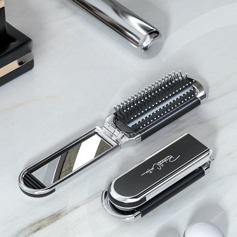 Portable Folding Hair Brush with Mirror Compact Pocket Size Comb