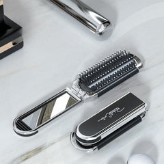 Portable Folding Hair Brush with Mirror Compact Pocket Size Comb