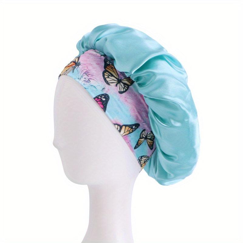 Floral Print Satin Bonnet Wide Elastic Band Night Cap