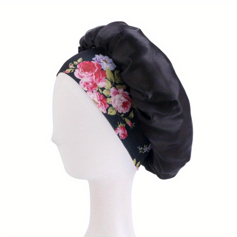Floral Print Satin Bonnet Wide Elastic Band Night Cap