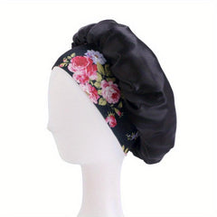 Floral Print Satin Bonnet Wide Elastic Band Night Cap