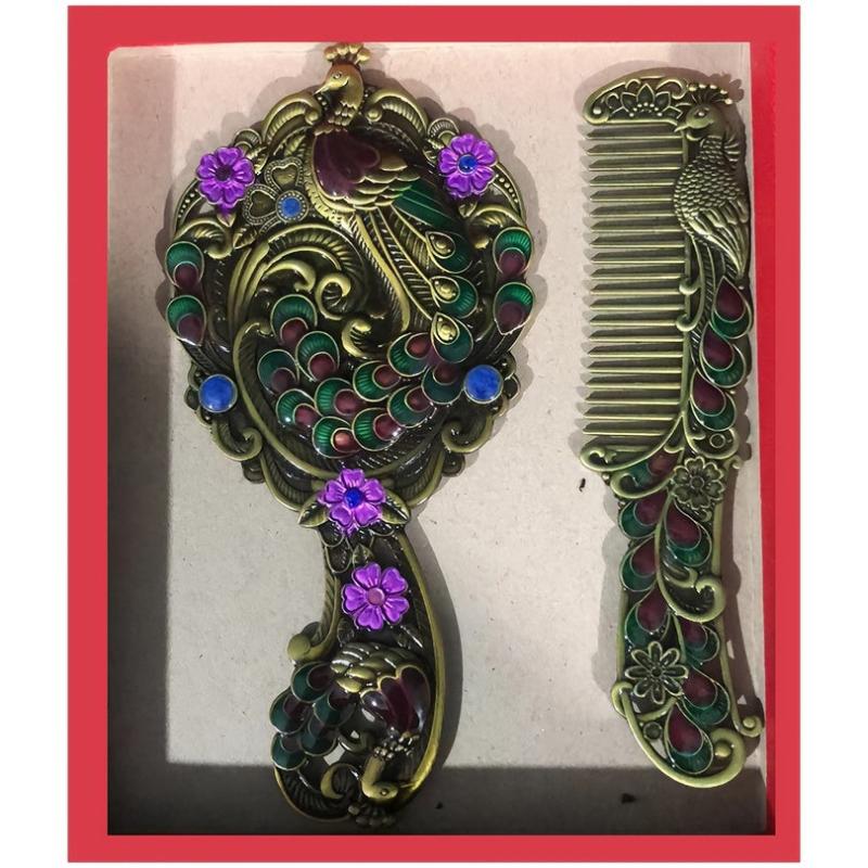 Peacock Embossed Vanity Mirror Comb Set for Women