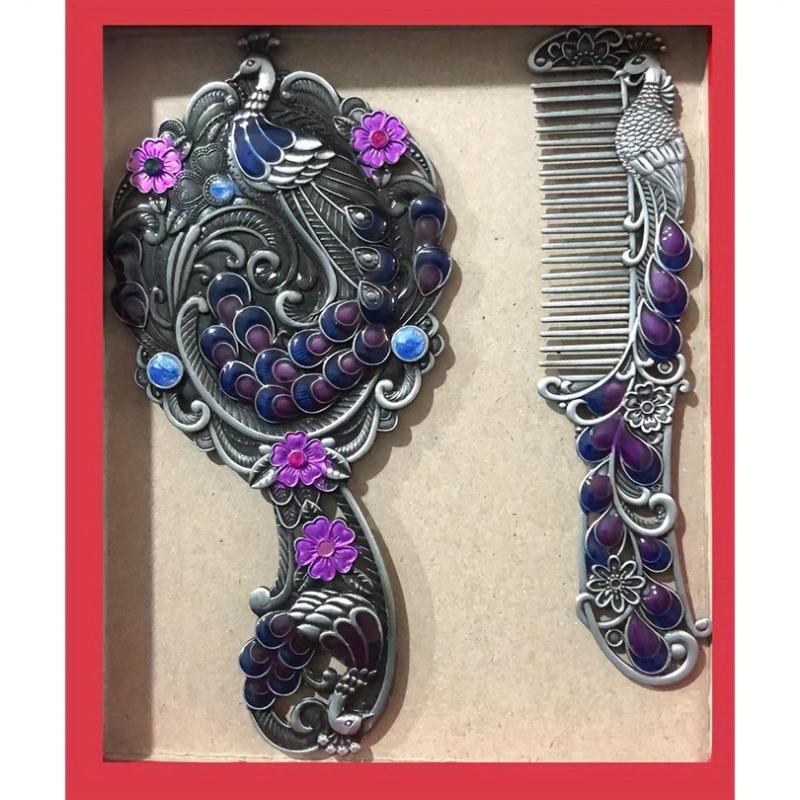Peacock Embossed Vanity Mirror Comb Set for Women