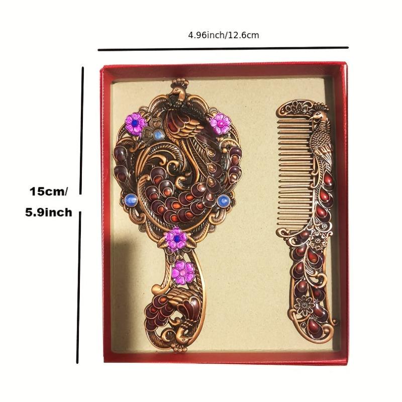 Peacock Embossed Vanity Mirror Comb Set for Women