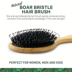 Boar Bristle Bamboo Hair Brush with Pouch - Wet & Dry Detangling