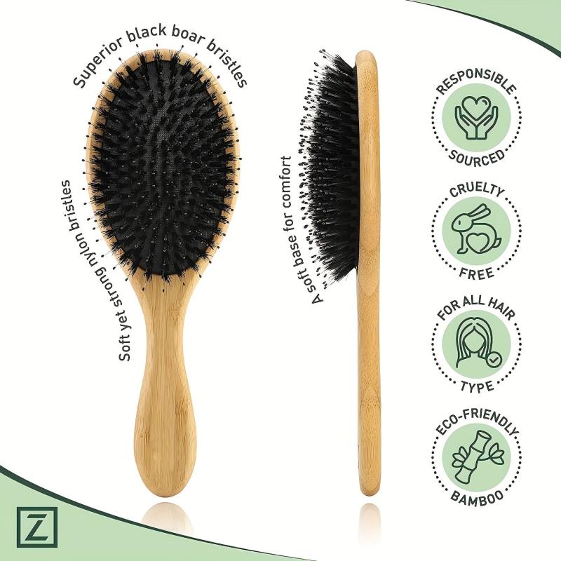 Boar Bristle Bamboo Hair Brush with Pouch - Wet & Dry Detangling