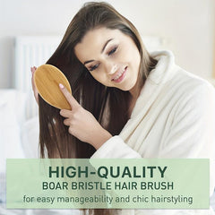 Boar Bristle Bamboo Hair Brush with Pouch - Wet & Dry Detangling