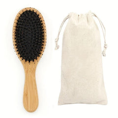 Boar Bristle Bamboo Hair Brush with Pouch - Wet & Dry Detangling