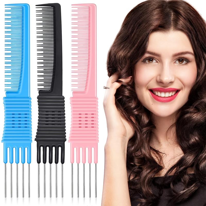 3pcs Carbon Lift Teasing Combs Metal Prong Salon Barber Household Hair Teasing