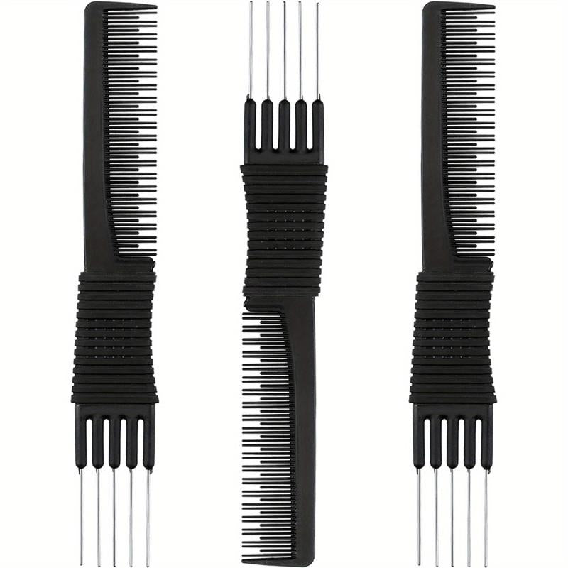 3pcs Carbon Lift Teasing Combs Metal Prong Salon Barber Household Hair Teasing