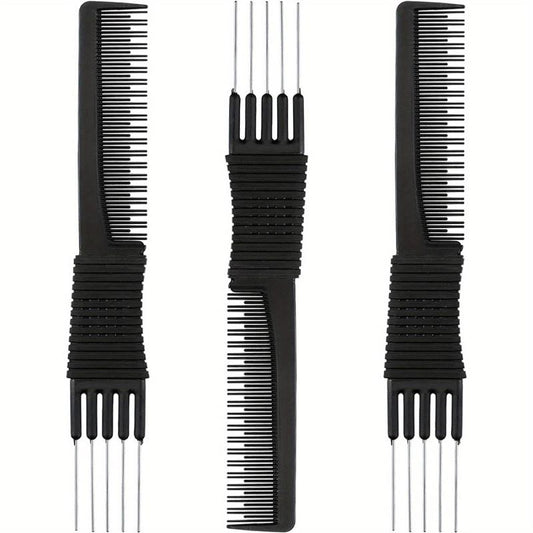3pcs Carbon Lift Teasing Combs Metal Prong Salon Barber Household Hair Teasing