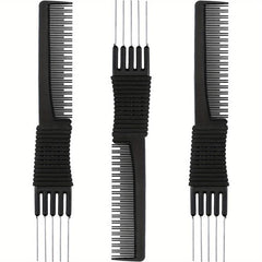 3pcs Carbon Lift Teasing Combs Metal Prong Salon Barber Household Hair Teasing