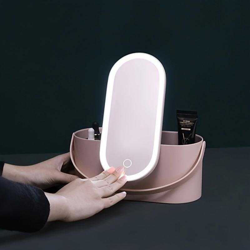 LED Mirror Makeup Organizer Box Portable Travel Case