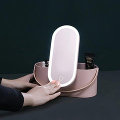 LED Mirror Makeup Organizer Box Portable Travel Case