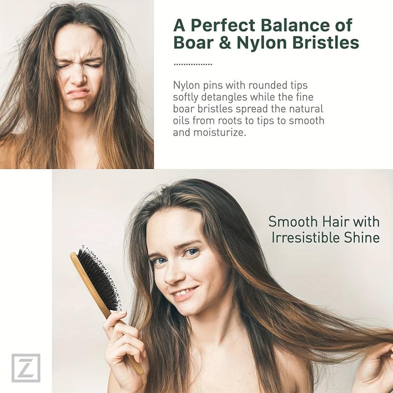 Boar Bristle Hair Brush & Pouch for Women Men Dry Wet Detangling Hair Oval