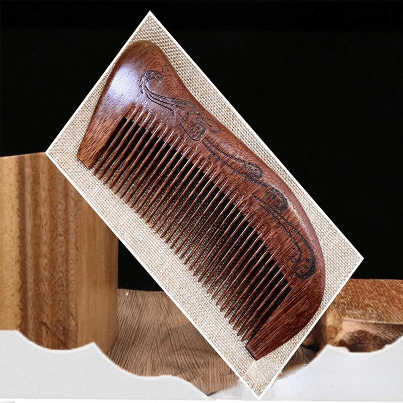 Red Sandalwood Wooden Comb with Peacock Carving for Hair Care