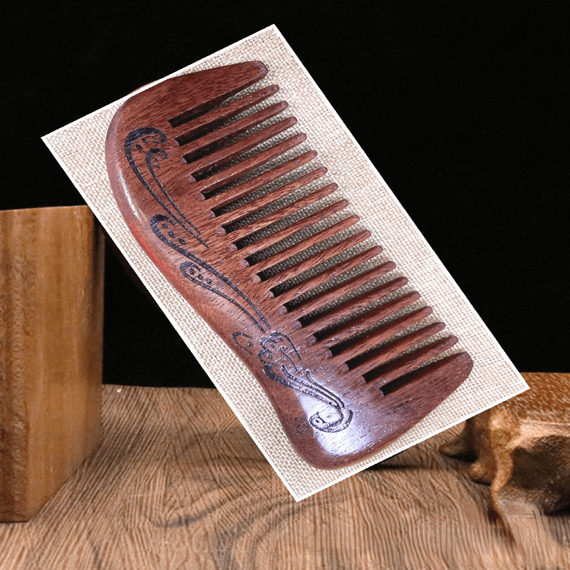 Red Sandalwood Wooden Comb with Peacock Carving for Hair Care