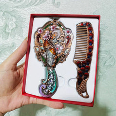 Boho Peacock Hair Brush & Comb Set Portable Retro Handle Mirror Comb
