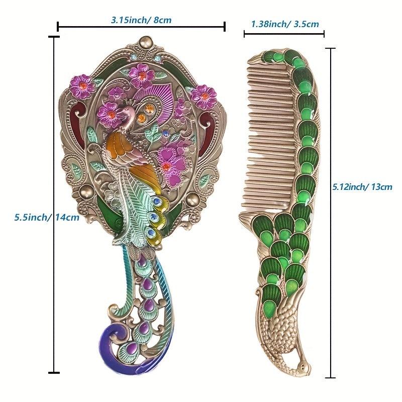 Boho Peacock Hair Brush & Comb Set Portable Retro Handle Mirror Comb