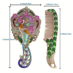 Boho Peacock Hair Brush & Comb Set Portable Retro Handle Mirror Comb