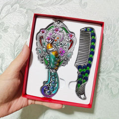 Boho Peacock Hair Brush & Comb Set Portable Retro Handle Mirror Comb