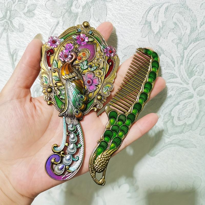 Boho Peacock Hair Brush & Comb Set Portable Retro Handle Mirror Comb