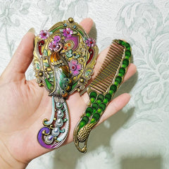 Boho Peacock Hair Brush & Comb Set Portable Retro Handle Mirror Comb