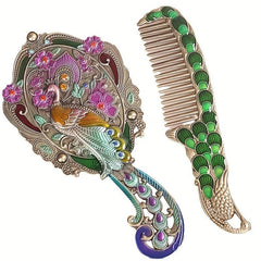 Boho Peacock Hair Brush & Comb Set Portable Retro Handle Mirror Comb