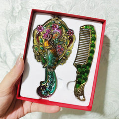 Boho Peacock Hair Brush & Comb Set Portable Retro Handle Mirror Comb