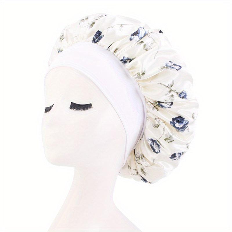 Rose Print Satin Sleeping Cap Wide Band Bonnet Hair Wrap Turban