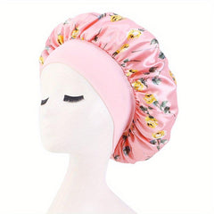 Rose Print Satin Sleeping Cap Wide Band Bonnet Hair Wrap Turban