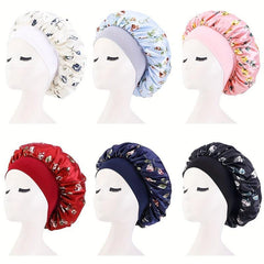 Rose Print Satin Sleeping Cap Wide Band Bonnet Hair Wrap Turban