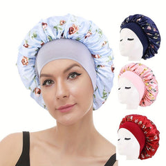 Rose Print Satin Sleeping Cap Wide Band Bonnet Hair Wrap Turban