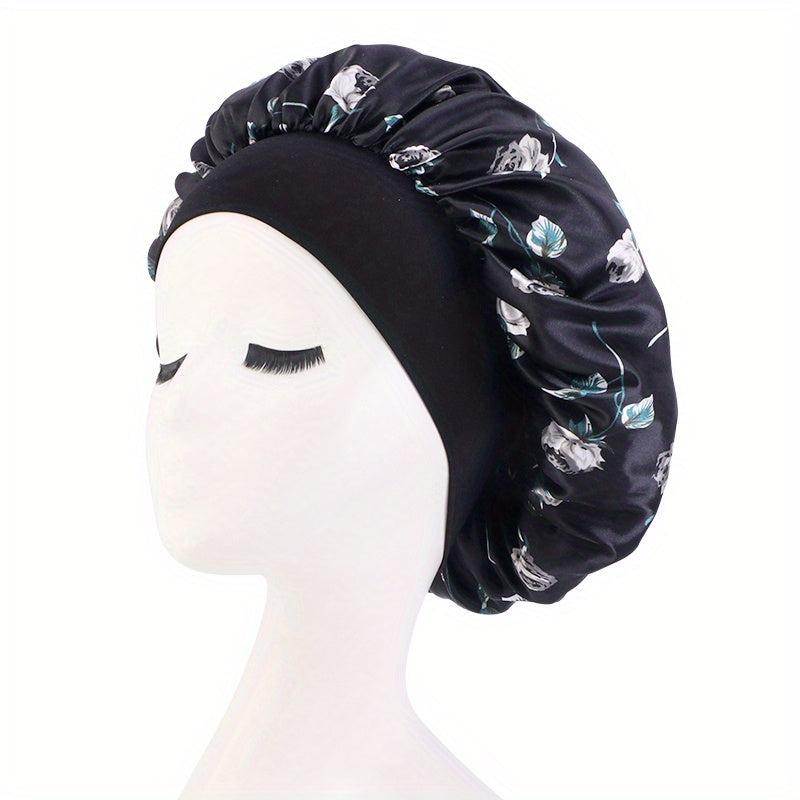 Rose Print Satin Sleeping Cap Wide Band Bonnet Hair Wrap Turban