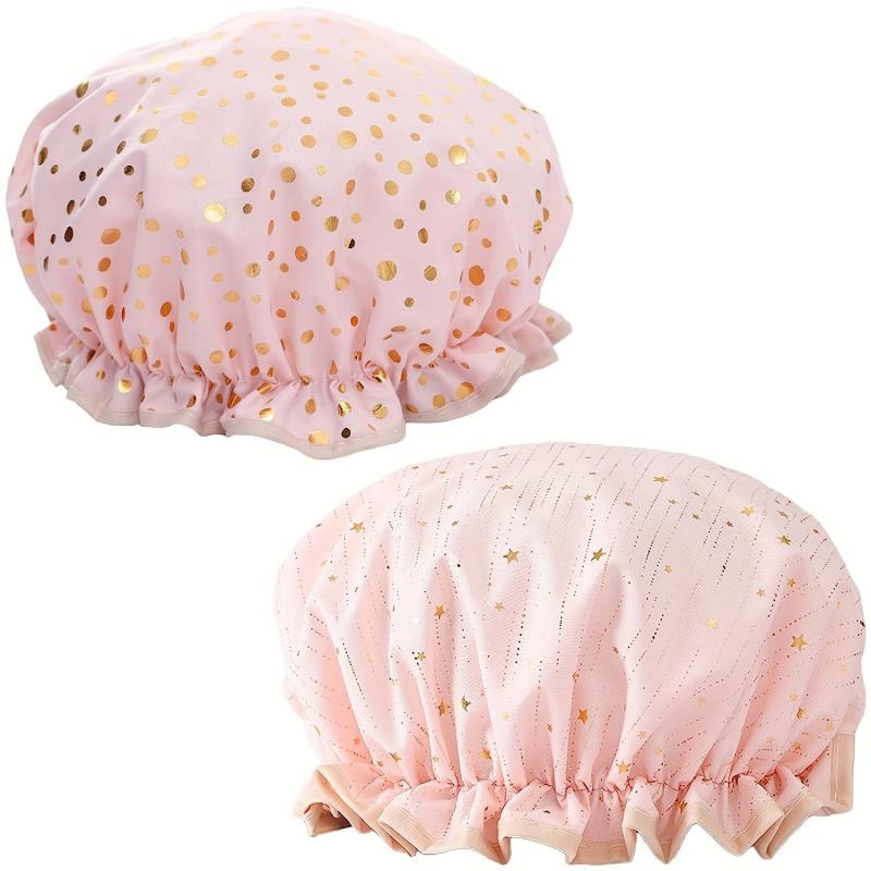 2pcs Waterproof Shower Cap Reusable Women's Shower Cap Elastic Pink Dots Stars