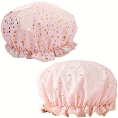 2pcs Waterproof Shower Cap Reusable Women's Shower Cap Elastic Pink Dots Stars