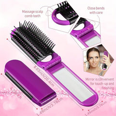 Portable Folding Hair Comb With Compact Mirror Anti Static Hari Brush