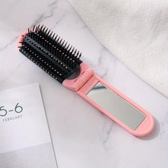 Portable Folding Hair Comb With Compact Mirror Anti Static Hari Brush