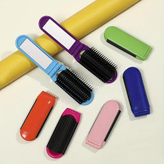 Foldable Hair Brush With Mirror Compact Portable Travel Hair Comb