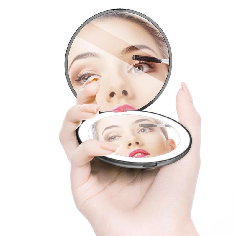 LED Lighted Pocket Mirror 1X 2X Magnification Compact Travel Makeup Mirror