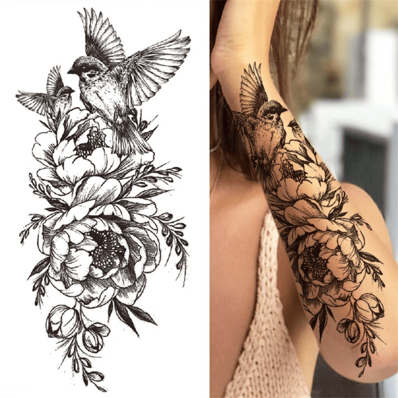 Waterproof Swallows and Peony Temporary Tattoo