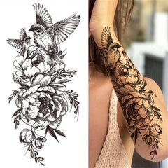Waterproof Swallows and Peony Temporary Tattoo