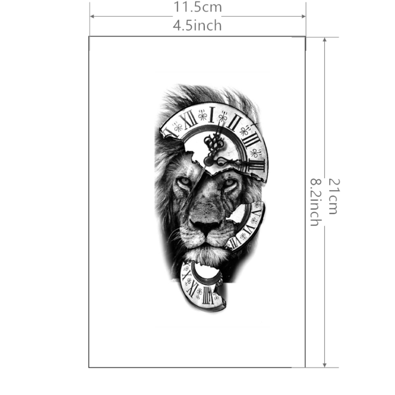 Waterproof Temporary Tattoo Sticker Lion & Broken Clock Pattern